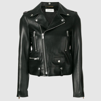 Saint Laurent zip-up leather biker jacket Black Fashion Leather Jacket