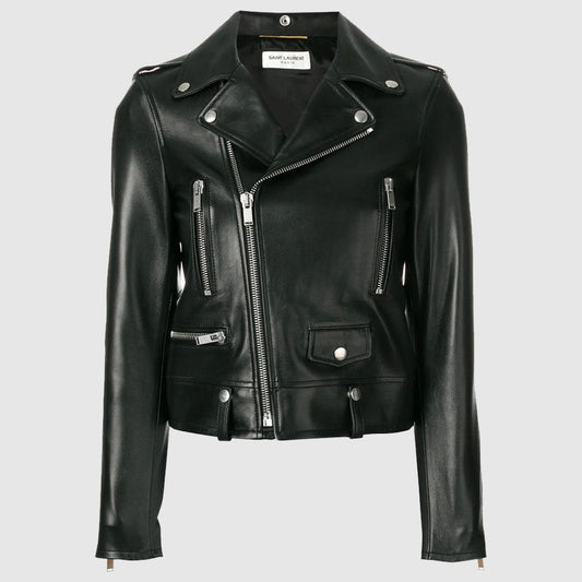 Saint Laurent zip-up leather biker jacket Black Fashion Leather Jacket