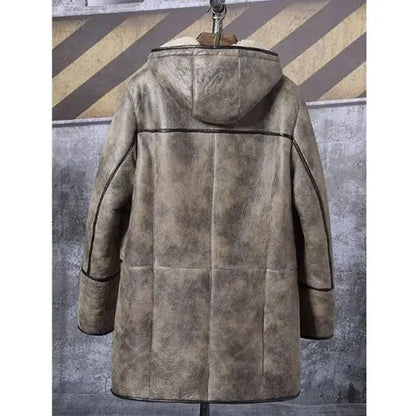 Mens Bomber Shearling Fur Hooded Winter Long Leather Jacket Trench Coat