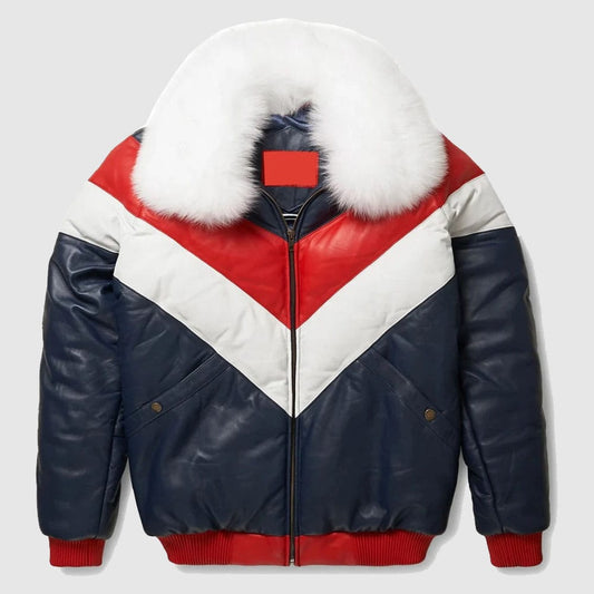 Red and White V-Bomber Leather Jacket