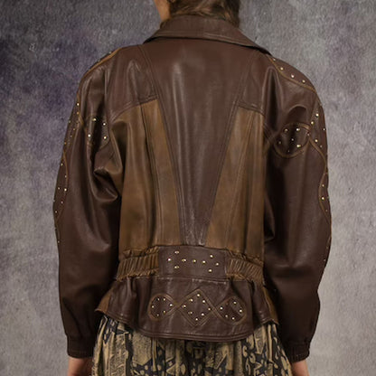 Vintage 80s studded Brown real Leather biker womens Jacket
