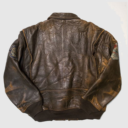 Vintage Style 80s Top Gun Military Flight Bomber Distressed Brown Leather Jacket