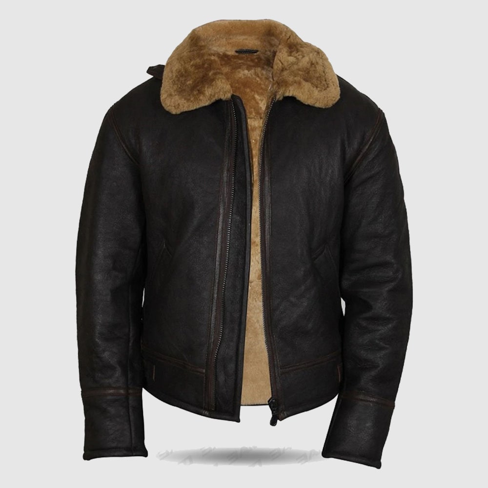 Men Real Shearling Sheepskin Leather Flying Jacket Aviator Ginger Brown