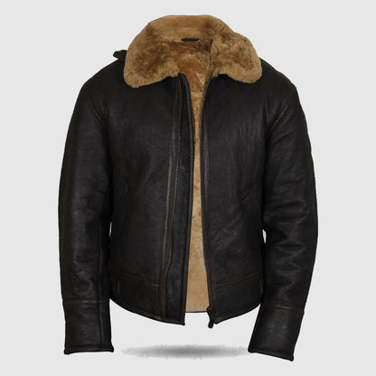 Men Real Shearling Sheepskin Leather Flying Jacket Aviator Ginger Brown