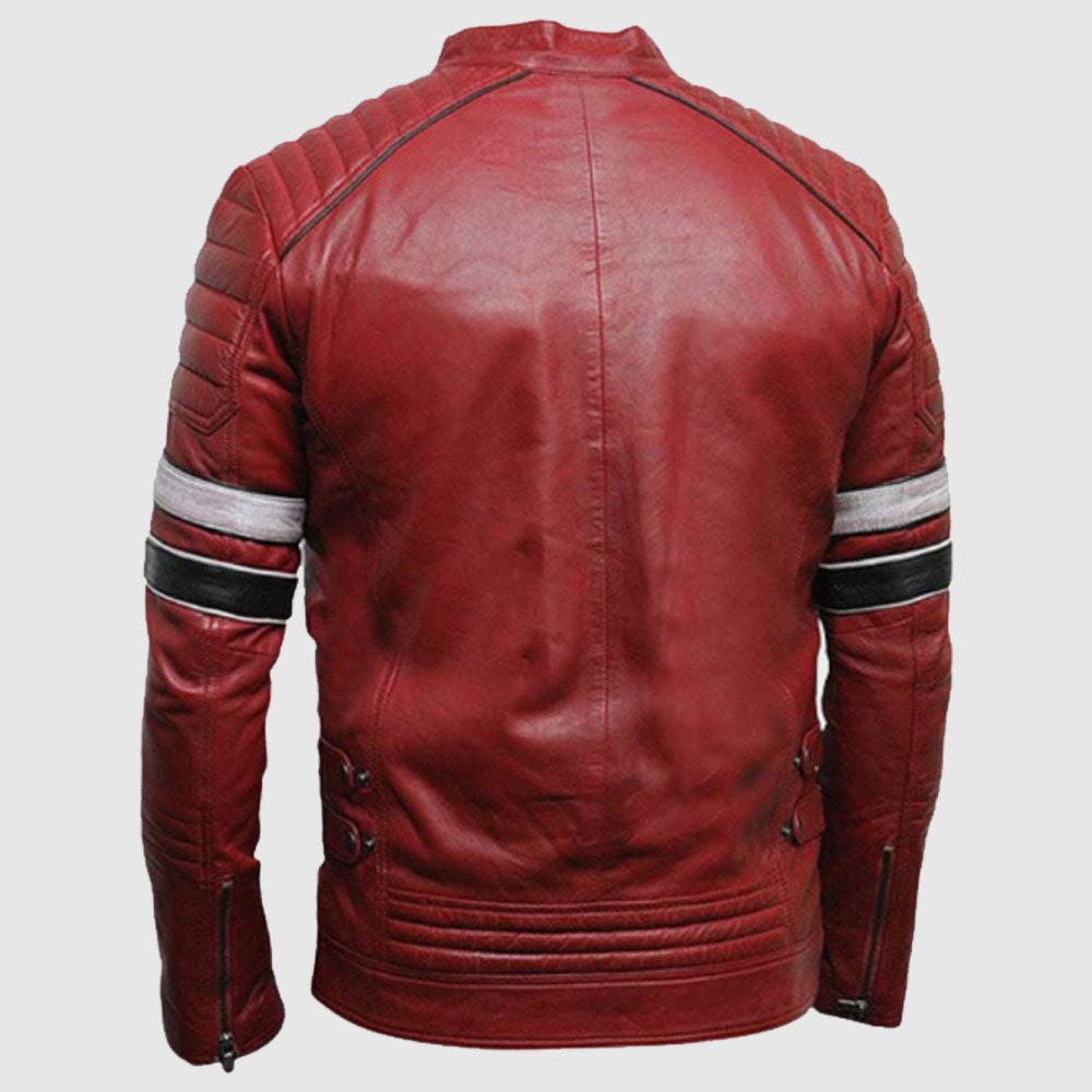 Men Red Leather Biker Fashion Jacket With Stripes Mens Leather Apparel