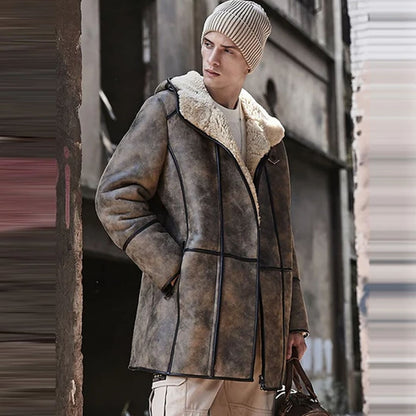 Men's B7 Hooded RAF Aviator Sheepskin Flying Fur Shearling Jacket Coat
