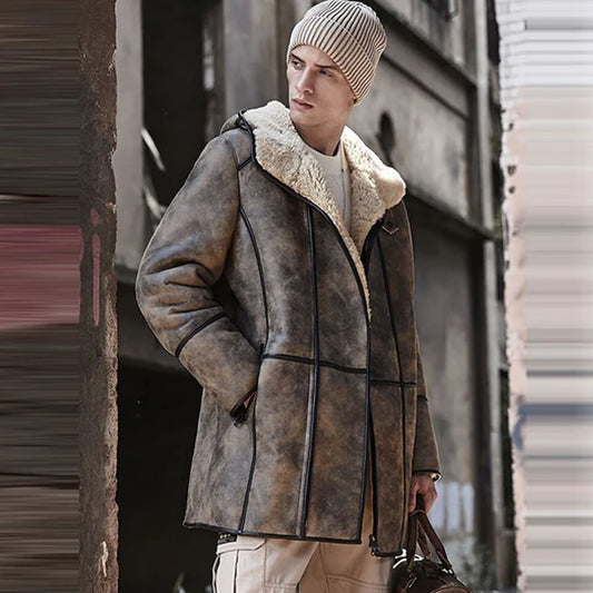 Men's B7 Hooded RAF Aviator Sheepskin Flying Fur Shearling Jacket Coat