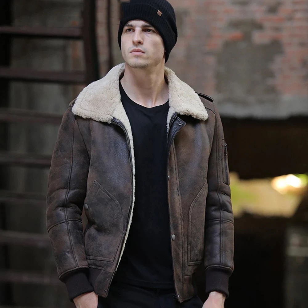 Mens Brown RAF Aviator Flight Shearling Sheepskin Leather Jacket