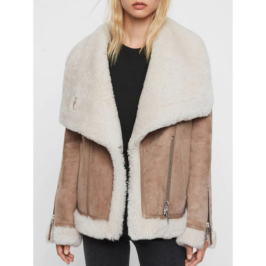 Jerrie Taupe Color Aviator Shearling Coat
