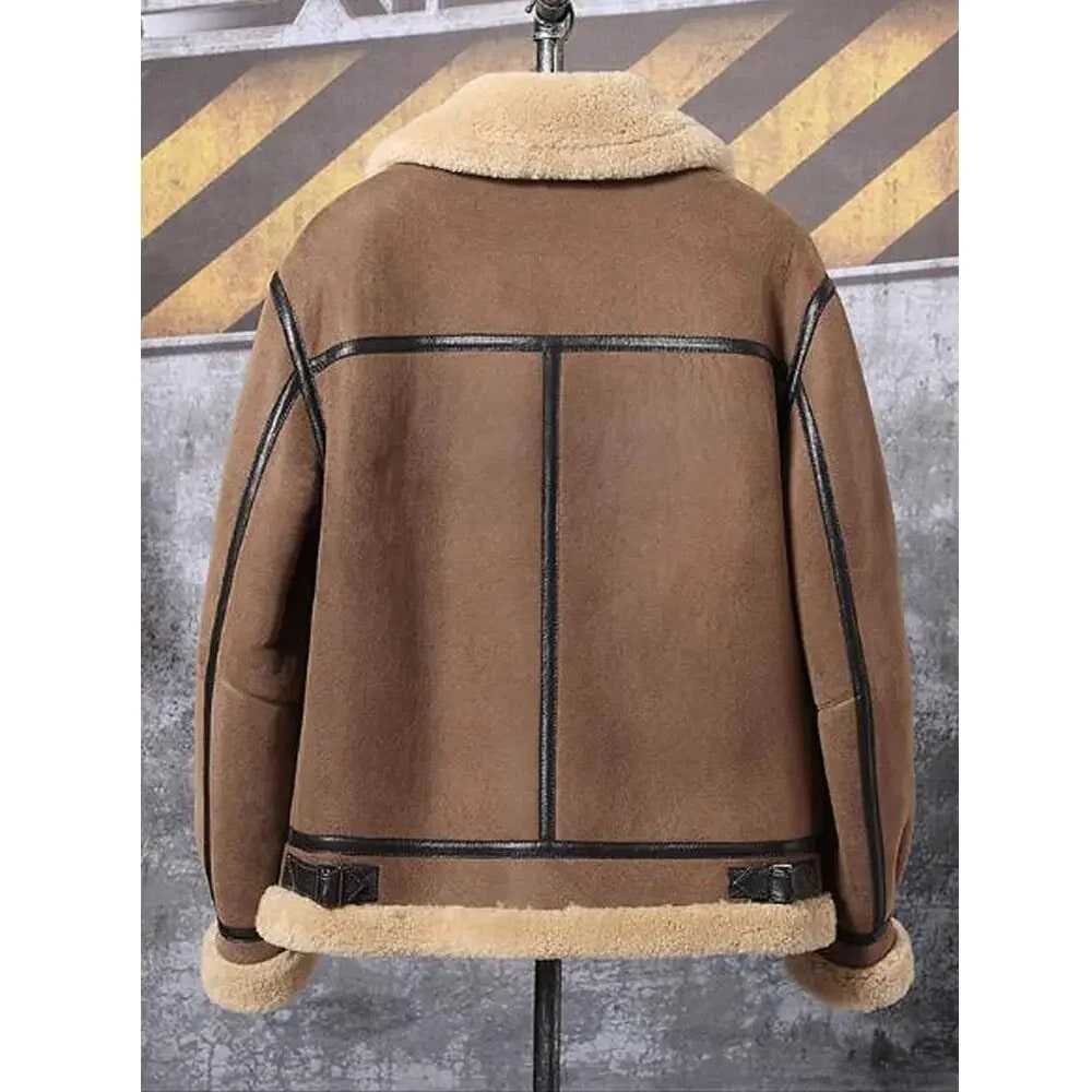 Mens Brown B3 Airforce Flight Sheepskin Shearling Leather Jacket Fur Coat