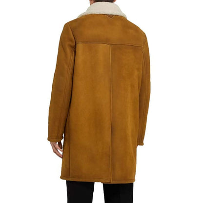 Mens Yellow Leather White Faux Shearling Sheepskin Coat