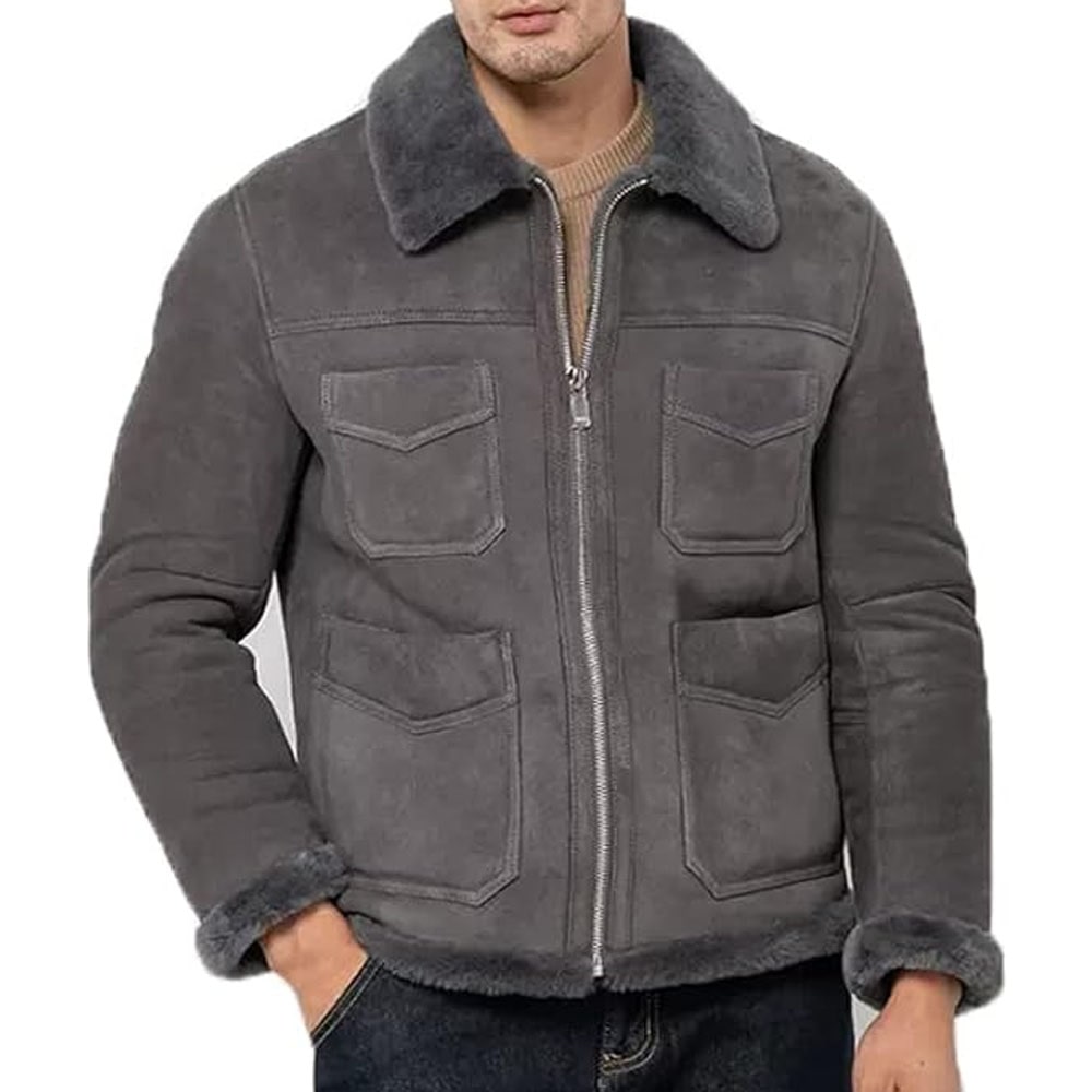 Men Grey Shearling Jacket Suede Shearling Jacket