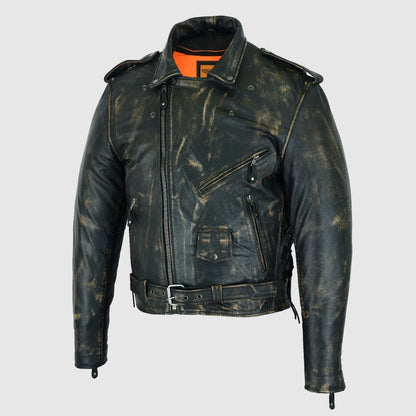 Distressed Men’s Brown Motorcycle Leather Jacket with Gun Pockets
