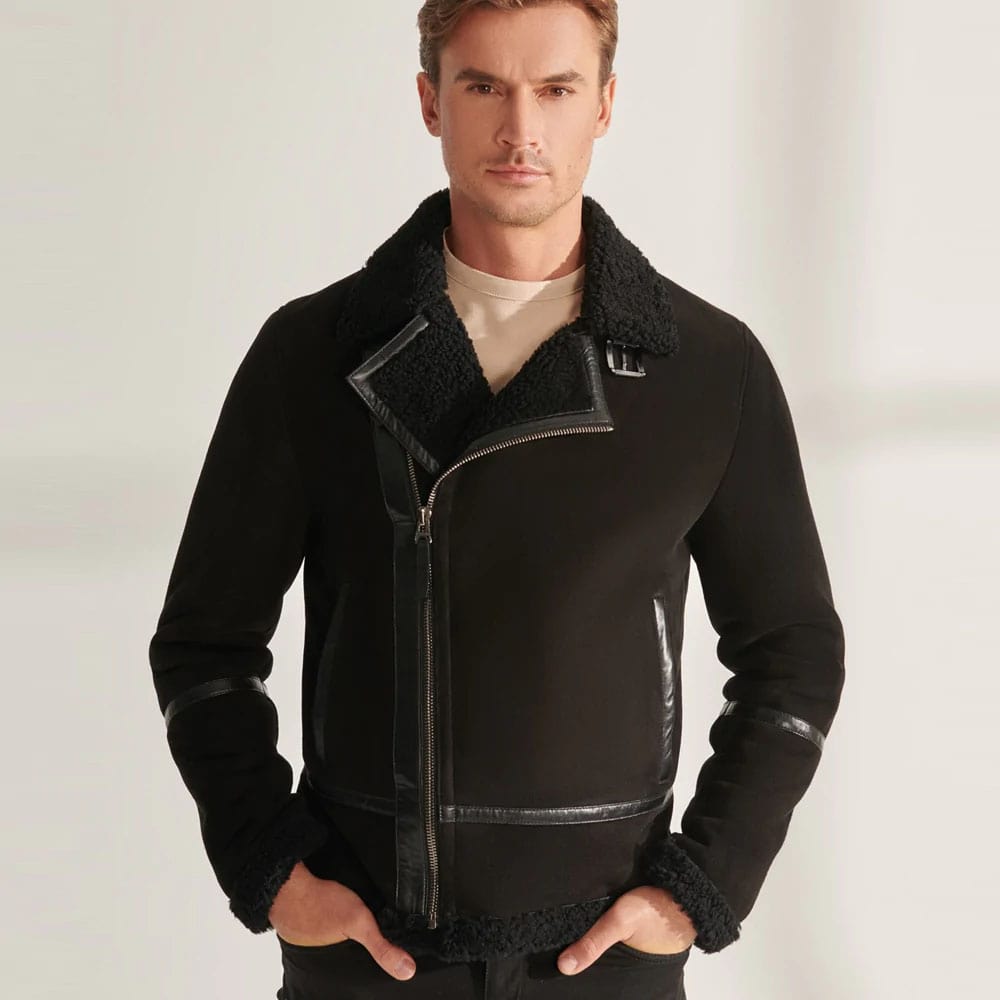 Men Black Pilot Sheepskin Shearling Leather Aviator Jacket