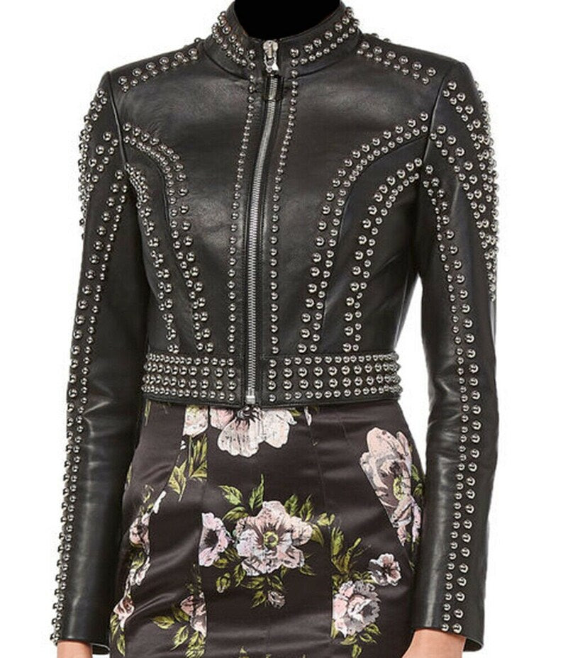 Women Silver Round Studs Leather Jacket