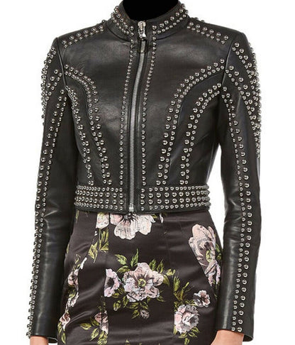 Women Silver Round Studs Leather Jacket