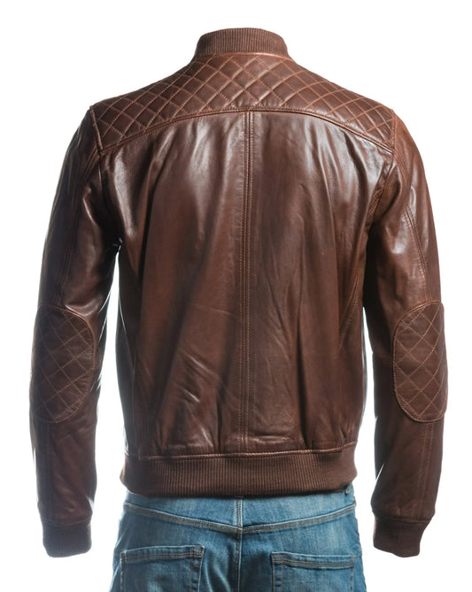 Men's Antique Brown Leather Rib Knit Collar Bomber Jacket With Diamond Shoulder