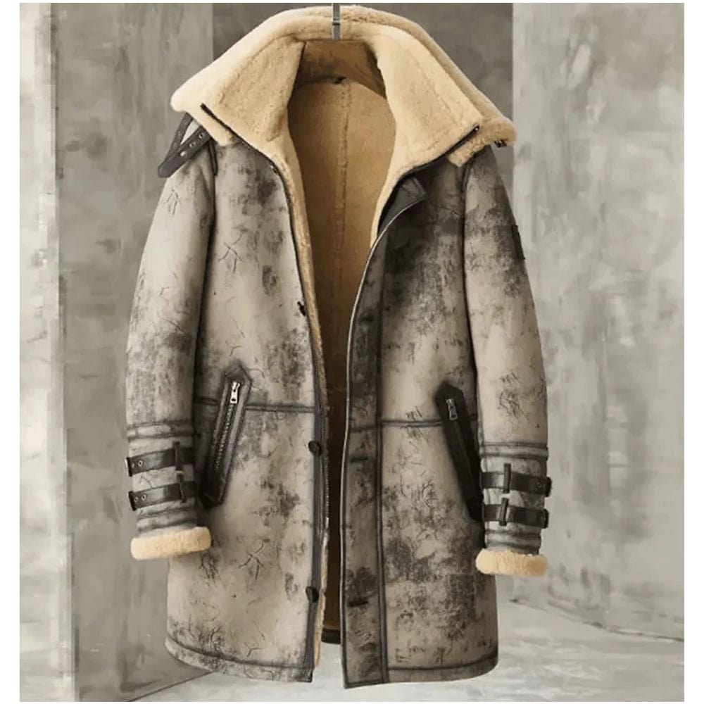 Mens Shearling Sheepskin Leather Long Coat with Hood