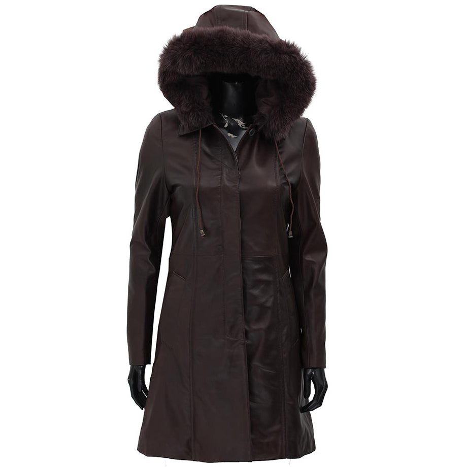 Hooded Womens Leather Dark Brown Faux Shearling Coat