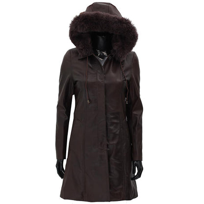 Hooded Womens Leather Dark Brown Faux Shearling Coat