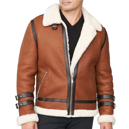 Shearling Sheepskin Moto Jacket Brown
