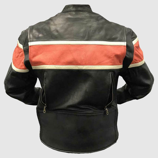 Redline Men's Orange Stripe Cowhide Leather Motorcycle Jacket, Black M-3200