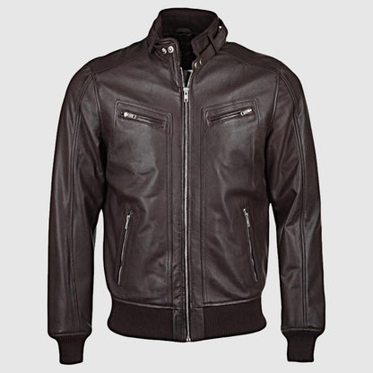 Men's Brown Genuine Sheepskin Leather Bomber Rib Jacket
