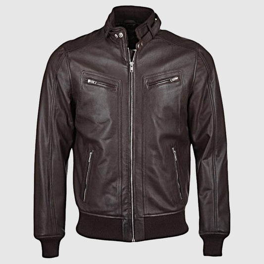 Men's Brown Genuine Sheepskin Leather Bomber Rib Jacket