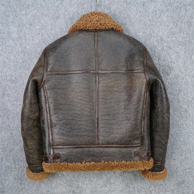 Dark Brown Genuine Shearling Coat Men Military Style