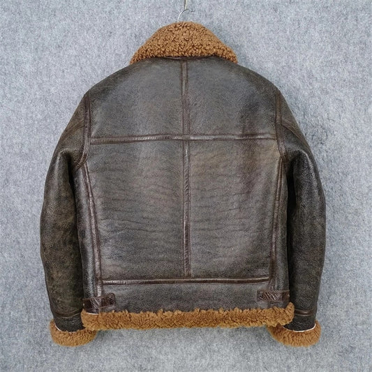 Dark Brown Genuine Shearling Coat Men Military Style