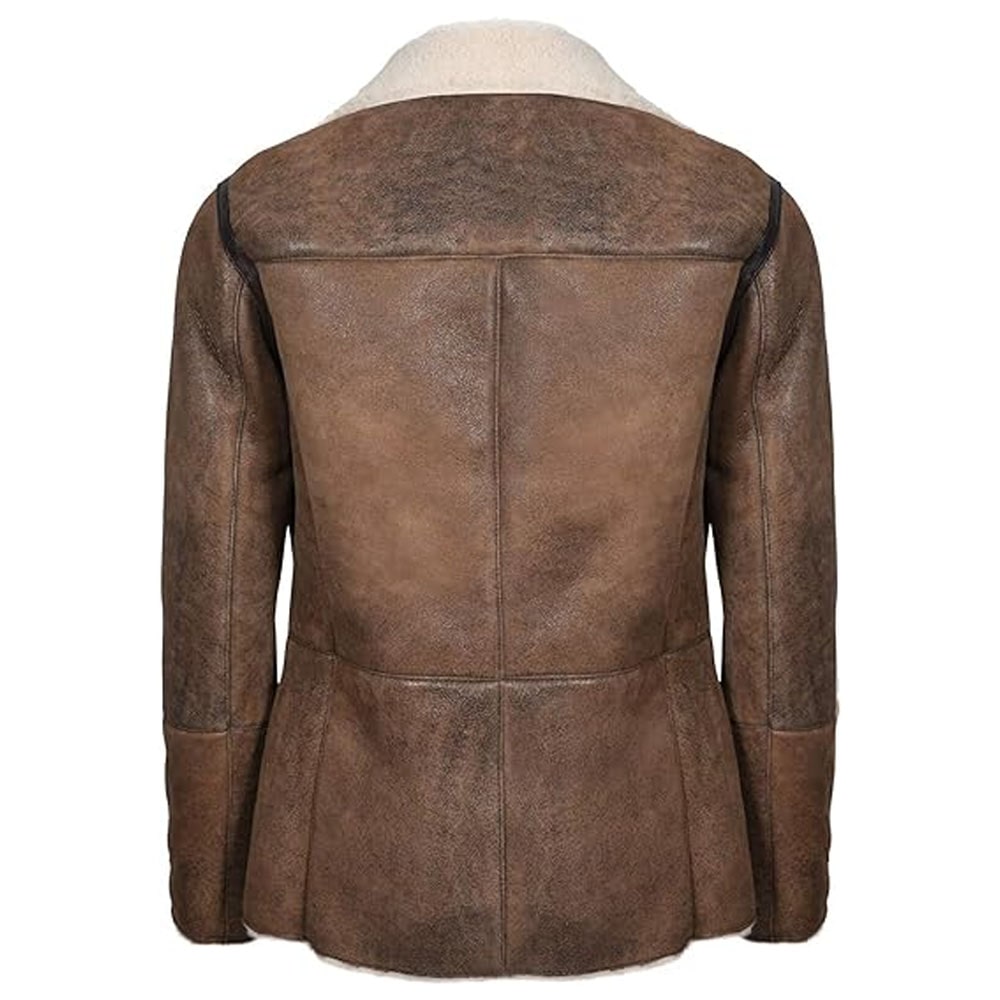 German Double Breasted Real Sheepskin Shearling Leather Jacket Coat
