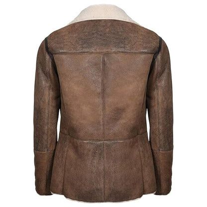German Double Breasted Real Sheepskin Shearling Leather Jacket Coat