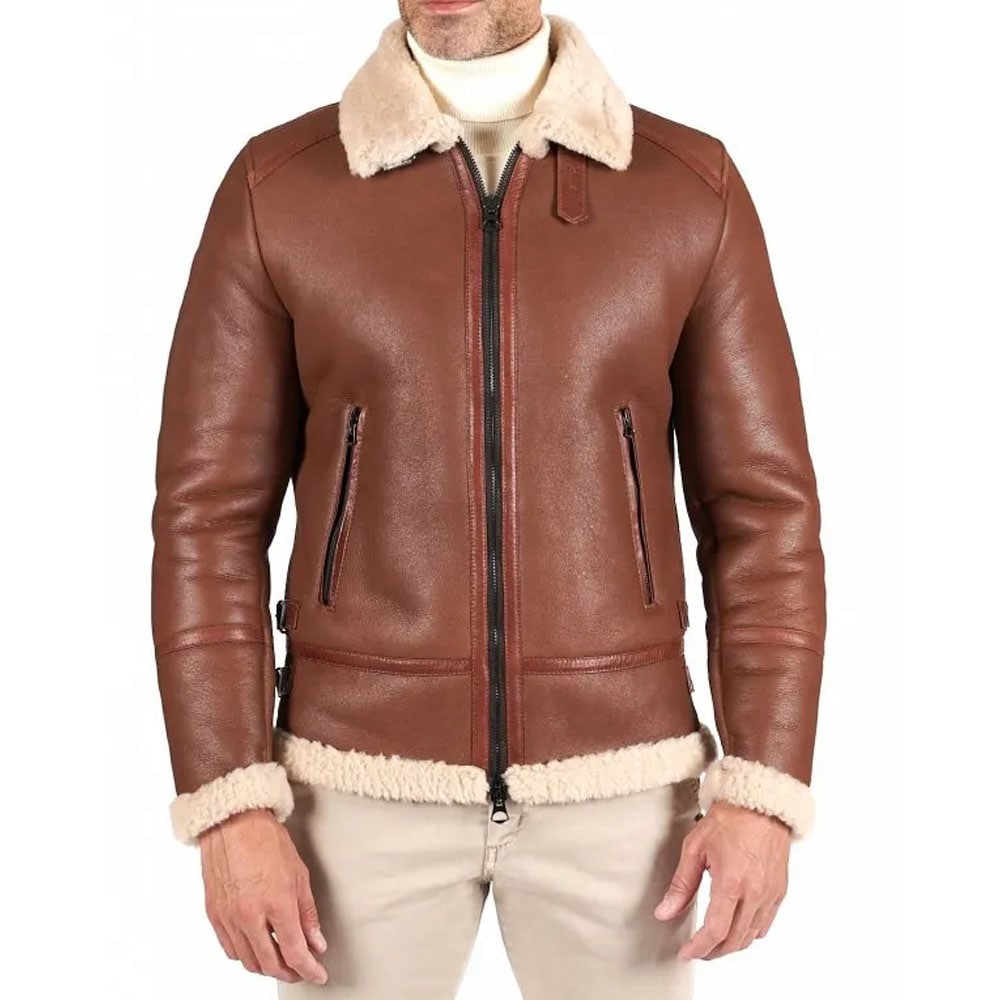 Tan shearling lamb biker jacket shirt buckle collar