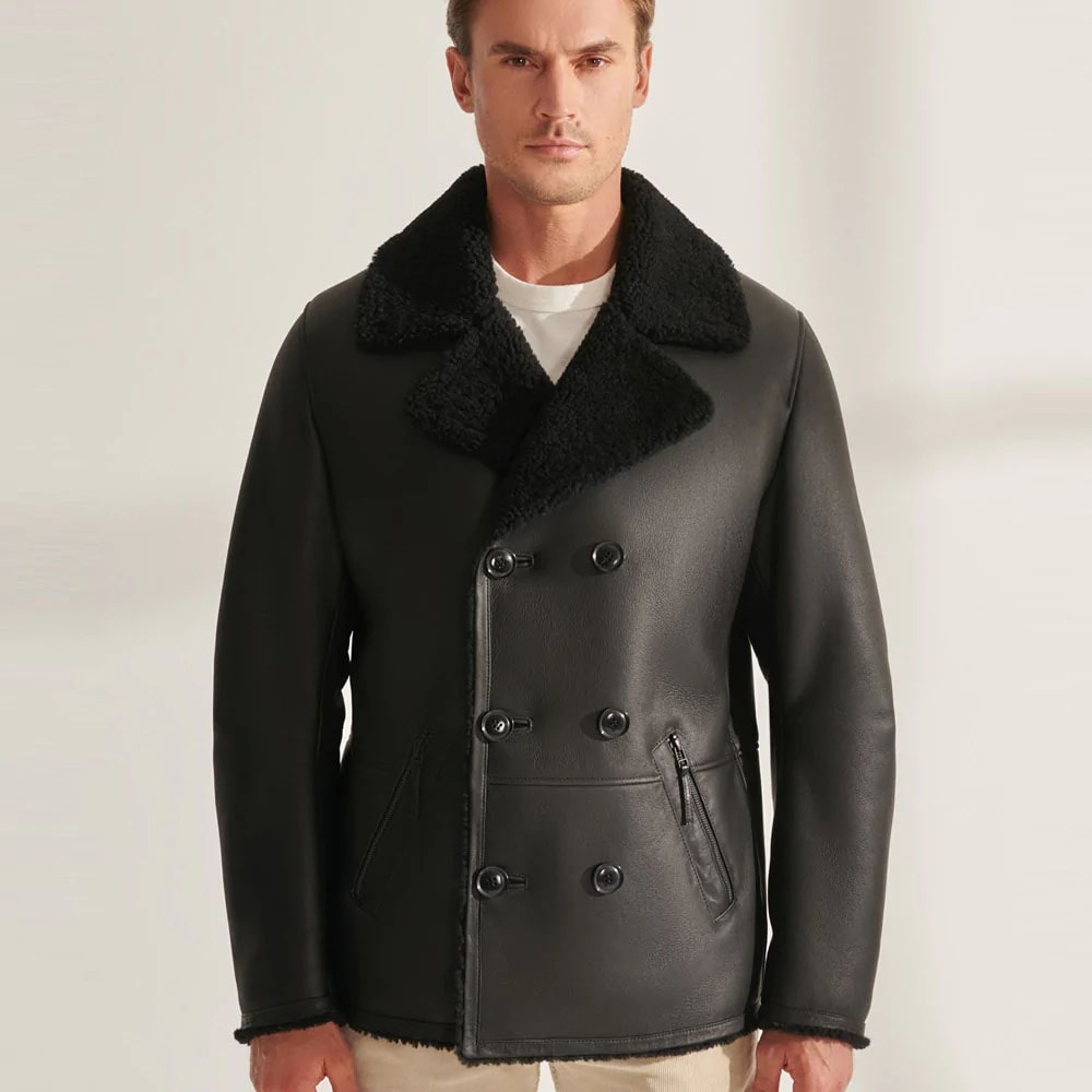 Mens Classic Black Flying Sheepskin Shearling Long Aviator Leather Jacket Coat