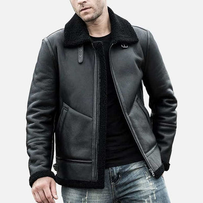 Men’s Shearling Leather Coat with Turn-Down Collar Winter Warm Jacket