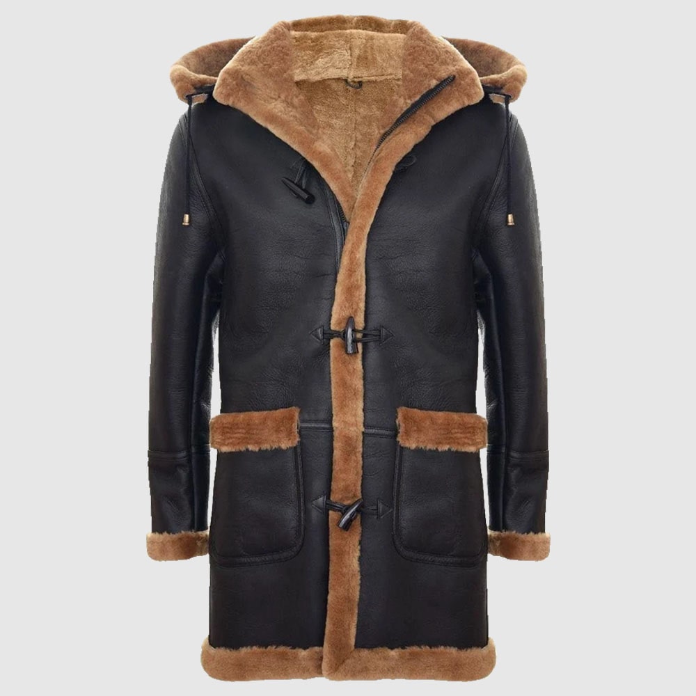 Mens genuine shearling sheepskin duffle coat