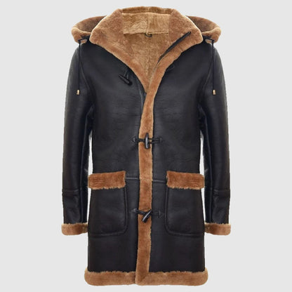 Mens genuine shearling sheepskin duffle coat