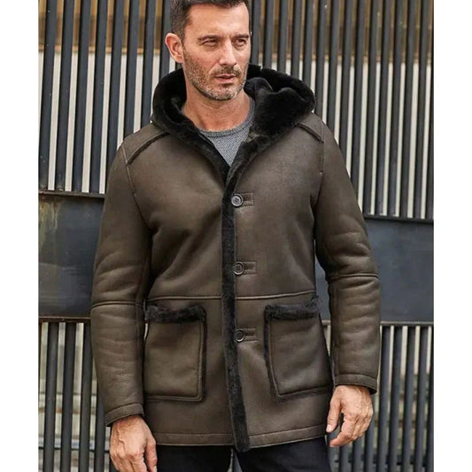 Mens Fur Coat Green Leather Overcoat Hooded Wool Parkas Warmest Winter Outwear