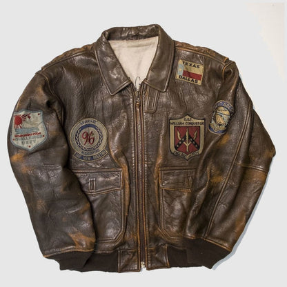 Vintage Style 80s Top Gun Military Flight Bomber Distressed Brown Leather Jacket