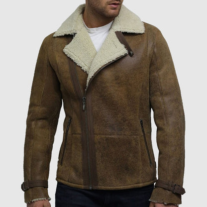 Men's Luxury Shearling Sheepskin Aviator Rust Brown Leather Jacket