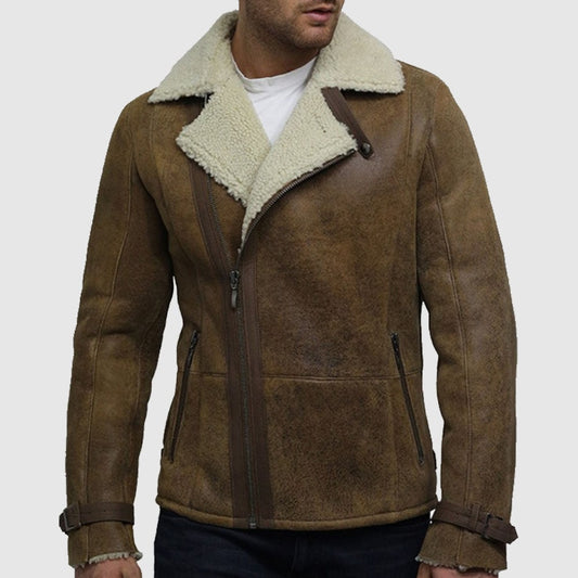 Men's Luxury Shearling Sheepskin Aviator Rust Brown Leather Jacket