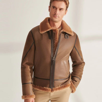 Men Camel Brown B3 Shearling Pilot Aviator Leather Jacket