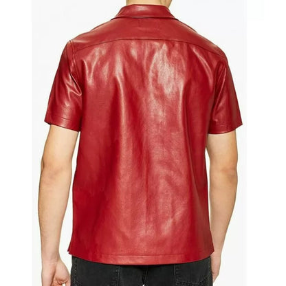 Mens Stylish Short Sleeve Real Sheepskin Red Leather Shirt