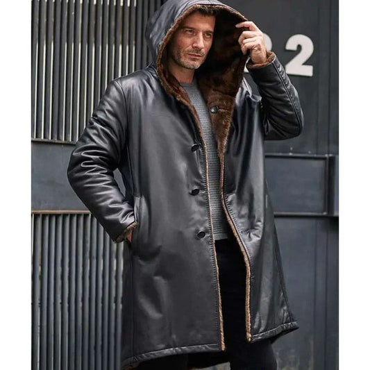 Cowhide Shearling Fur Parkas Hooded Leather Coat