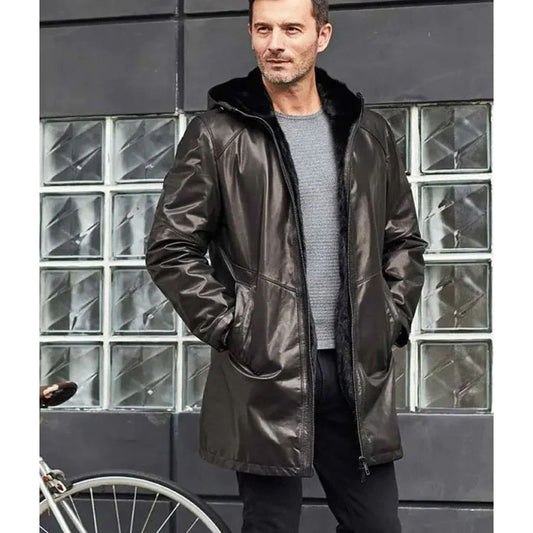 Shearling Fur Hooded Leather Trench Coat Outerwear