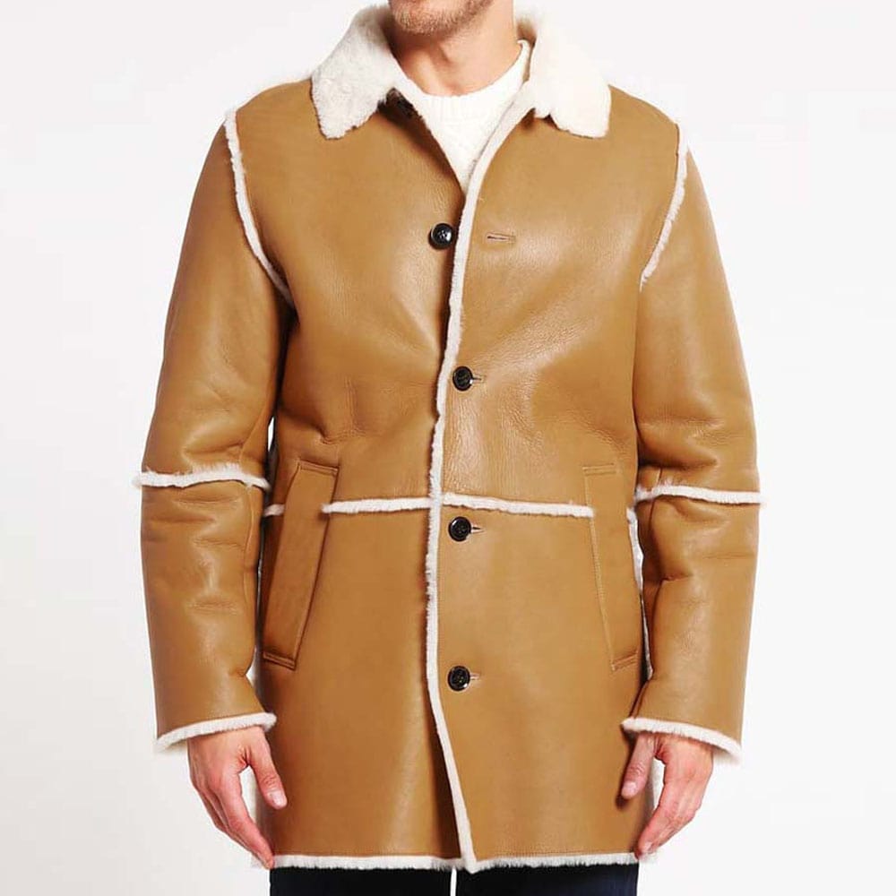 Mens Tan Brown Shearling Sheepskin Car Long Coat