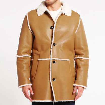 Mens Tan Brown Shearling Sheepskin Car Long Coat