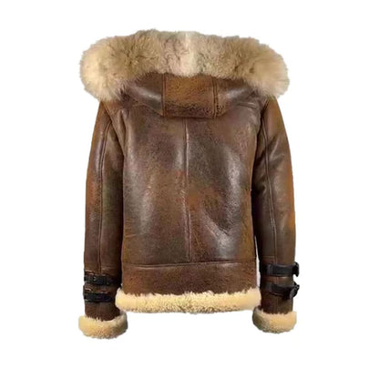 Rocco Vintage Distressed Brown Aviator bomber shearling jacket with hoodie