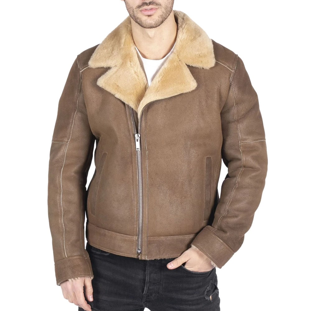Mens Genuine Sheepskin Leather Cross Zip Flying Aviator Jacket Camel Brown Fur