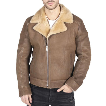 Mens Genuine Sheepskin Leather Cross Zip Flying Aviator Jacket Camel Brown Fur